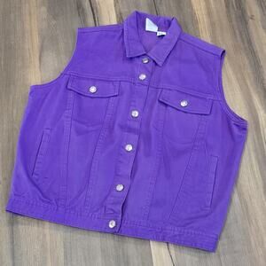 90s Vintage Womens Purple Denim Vest 100% Cotton Silver Buttons M/L*